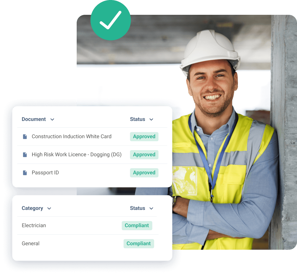 Smiling electrician in hard hat and high-vis vest with workforce compliance dashboard